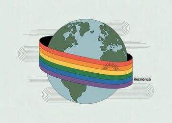 Abstract art representing the intersection of climate change, global south, and LGBTQ+ rights, with globe, rainbow flag colors, and weather patterns woven together.