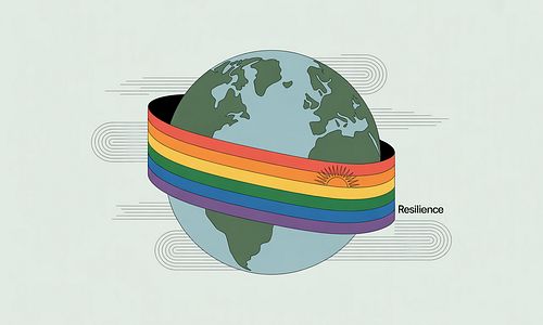 Abstract art representing the intersection of climate change, global south, and LGBTQ+ rights, with globe, rainbow flag colors, and weather patterns woven together.